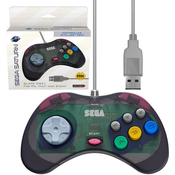 SEGA SATURN CONTROLLER SLATE GREY RETRO-BIT (WITH BOX) (usagé)