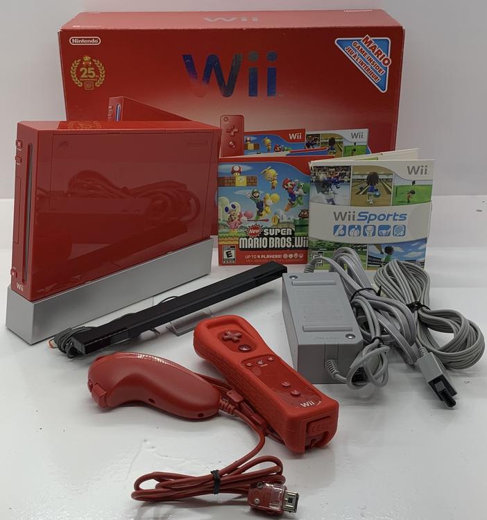 NINTENDO WII MODEL 1 RED / NEW SUPER MARIO BROS. & WII SPORTS BUNDLE (COMPLETE IN BOX) (usagé)