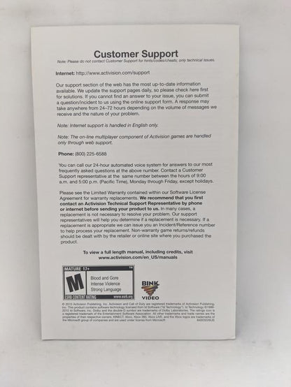X360 CALL OF DUTY BLACK OPS INSTRUCTION BOOKLET ENGLISH (usagé)