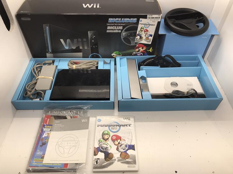 NINTENDO WII MODEL 1 BLACK MARIO KART BUNDLE (COMPLETE IN BOX) (usagé)