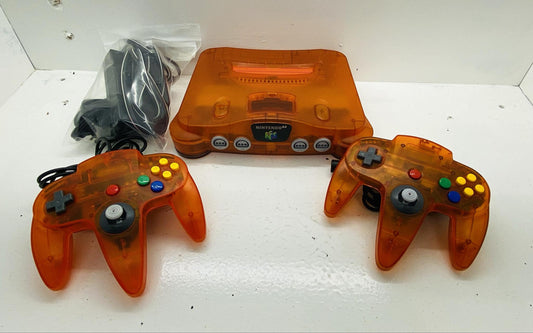 NINTENDO 64 FUNTASTIC FIRE ORANGE + 1 NINTENDO CONTROLLER + 1 JOBBER CONTROLLER (used)