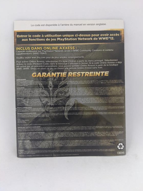 PS3 WWE 12 INSTRUCTION BOOKLET (usagé)